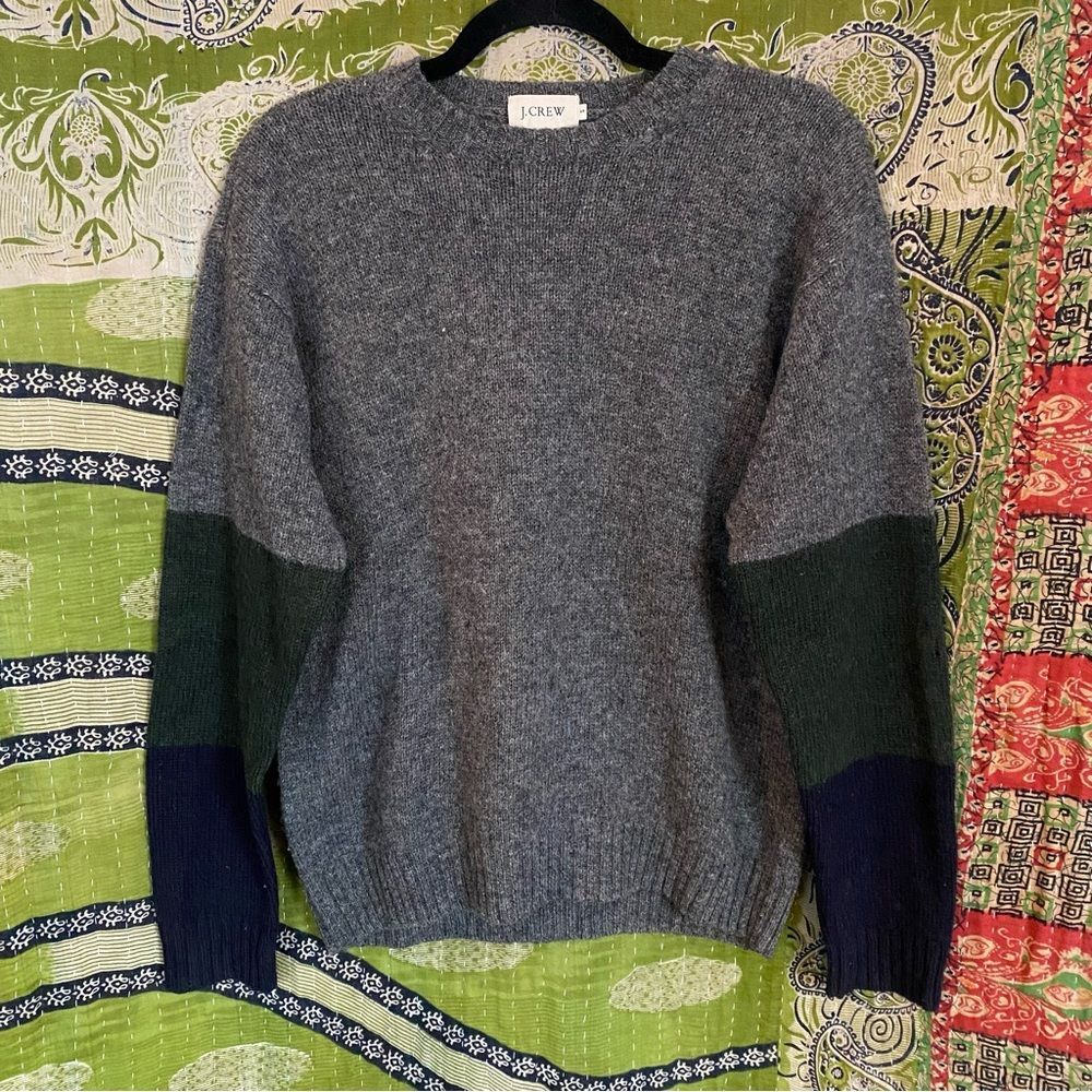 Vintage J. Crew Gray/ Colorblock 100% Wool Crewneck Pullover Sweater Size Small